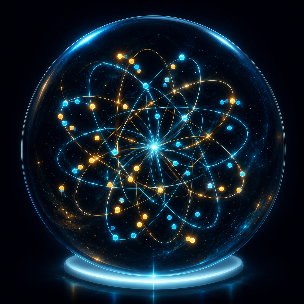 McLati orb — interlocking cyan and amber orbits inside a glass sphere